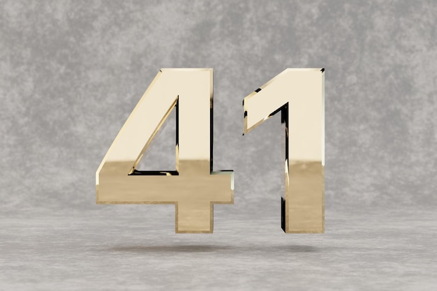Goud 3d nummer 41. Glanzend gouden nummer op betonnen achtergrond. Metaalcijfer met studiolichtbezinningen. 3D render.