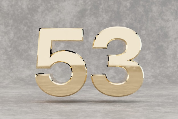 Goud 3d nummer 53. Glanzend gouden nummer op betonnen achtergrond. Metaalcijfer met studiolichtbezinningen. 3D render.