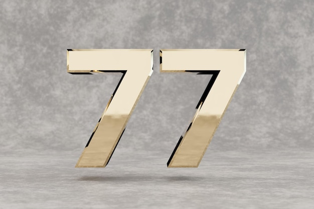 Foto goud 3d nummer 77. glanzend gouden nummer op betonnen achtergrond. metaalcijfer met studiolichtbezinningen. 3d render.