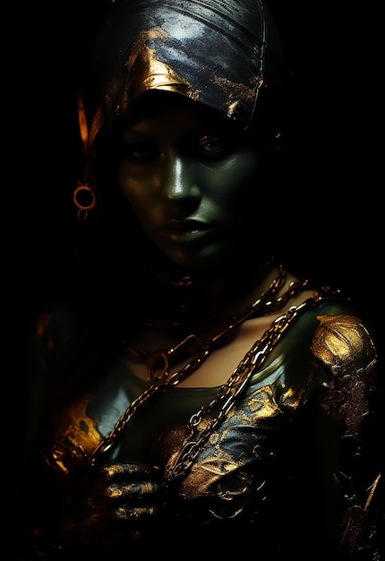 Goud en brons lichaam geschilderd mysterieus Vrouwelijke krijger in Gouden masker mode model heet lichaam