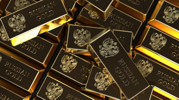 Goud in edelmetaal in een groot volume van de inscriptie Russisch goud goudfonds 3d render