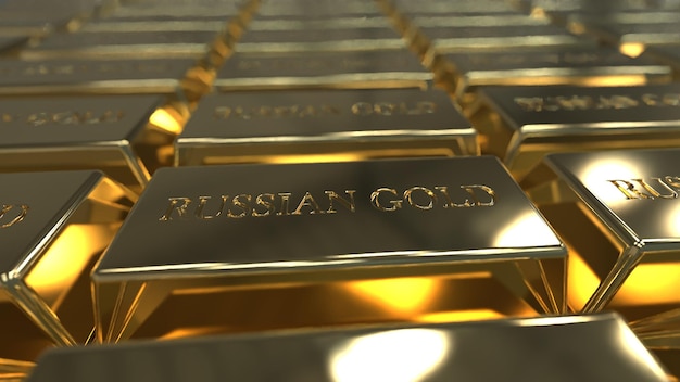 Goud in edelmetaal in een groot volume van de inscriptie Russisch goud goudfonds 3d render