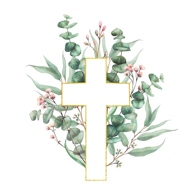 Goud ingericht kruis met eucalyptus plant groene takken en kleine roze bloemen knoppen takje christen