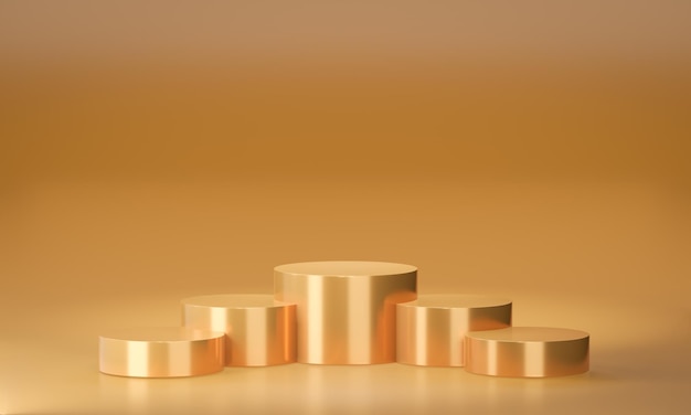 Goud metalen podium Vijf stappen cilinder product staan luxe gouden thema 3D illustratie rendering