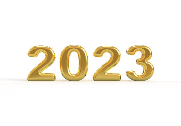 Goud metallic 2023 nieuwjaar 3D-rendering luxe illustratie geïsoleerd op een witte achtergrond