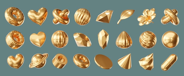 Goud Object geometrie vorm set geïsoleerde achtergrond 3D rendering