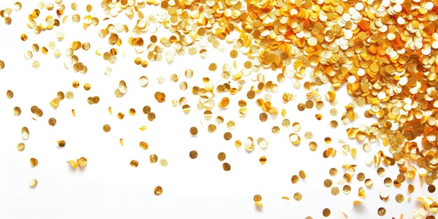 Foto goud op witte brede hoek van luxe confetti sprankelend op witte achtergrond