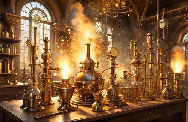 Goud versierd alchemist laboratorium stempunk mechanische achtergrond
