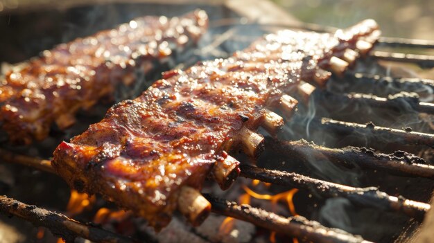 Foto goudbruine ribben glinsterend in de zon terwijl ze sizzelen op de hete kolen van een barbecue put