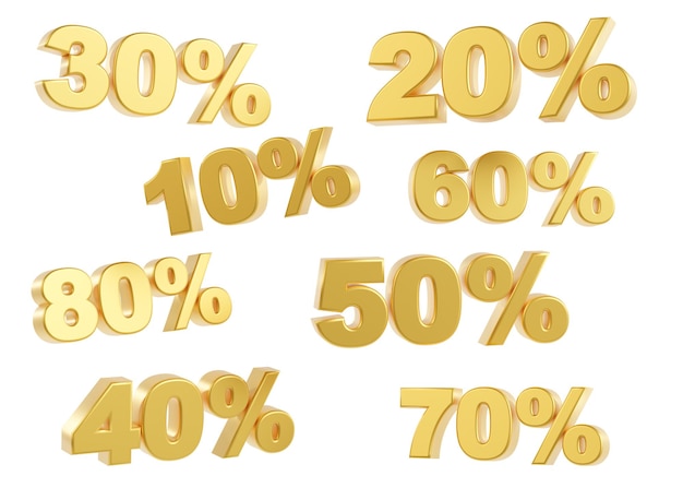 Gouden 10 20 30 40 50 60 70 80 procent korting tekenen geïsoleerd op witte achtergrond speciale aanbieding verkoop goede prijs deal winkelen uitgesneden ontwerpelementen 3D-rendering