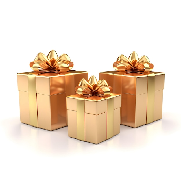 gouden 3D-cadeaudozen en gouden lint met witte achtergrond