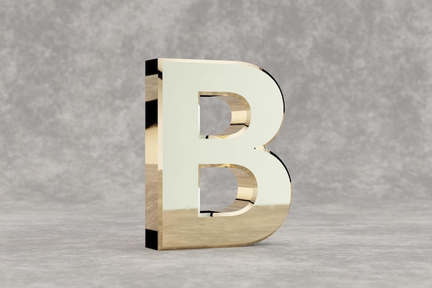 Gouden 3d letter B hoofdletters. Glanzende gouden letter op concrete achtergrond. Metallic alfabet met studio lichtreflecties. 3D-gerenderde lettertype karakter.