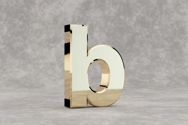 Gouden 3D-letter B kleine letters. Glanzende gouden letter op concrete achtergrond. Metallic alfabet met studio lichtreflecties. 3D-gerenderde lettertype karakter.