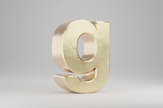 Gouden 3D-letter G kleine letters. Gouden brief geïsoleerd op een witte achtergrond. Gouden alfabet met onvolkomenheden. 3D-gerenderde lettertype karakter.