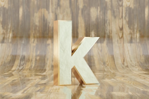 Gouden 3D-letter K kleine letters. Gouden brief op glanzende natte houten achtergrond. Gouden alfabet met onvolkomenheden. 3D-gerenderde lettertype karakter.