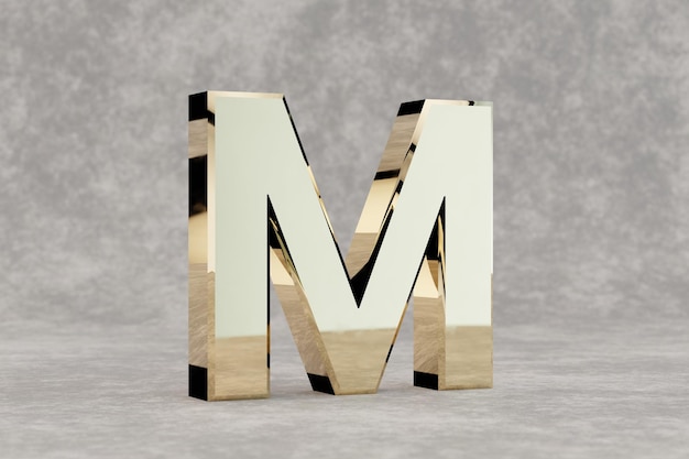 Foto gouden 3d-letter m hoofdletters. glanzende gouden letter op concrete achtergrond. metallic alfabet met studio lichtreflecties. 3d-gerenderde lettertype karakter.