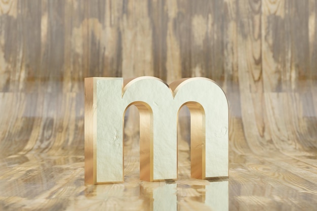 Foto gouden 3d-letter m kleine letters. gouden brief op glanzende natte houten achtergrond. gouden alfabet met onvolkomenheden. 3d-gerenderde lettertype karakter.