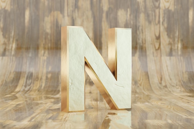 Gouden 3d letter N hoofdletters. Gouden brief op glanzende natte houten achtergrond. Gouden alfabet met onvolkomenheden. 3D-gerenderde lettertype karakter.