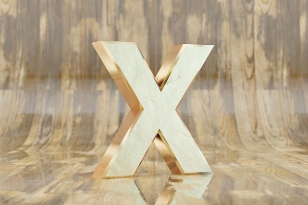 Foto gouden 3d letter x hoofdletters. gouden brief op glanzende natte houten achtergrond. gouden alfabet met onvolkomenheden. 3d-gerenderde lettertype karakter.