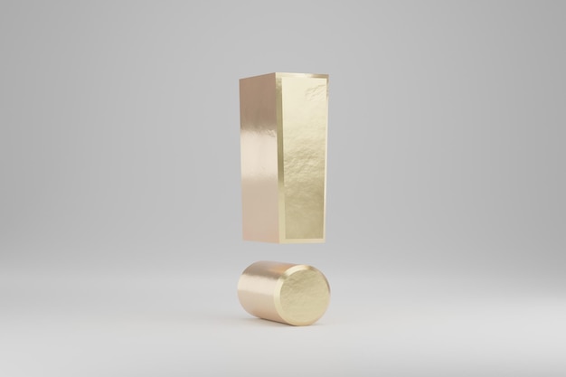 Gouden 3d uitroepteken. Gouden teken geïsoleerd op een witte achtergrond. Gouden alfabet met onvolkomenheden. 3D-gerenderde lettertype karakter.