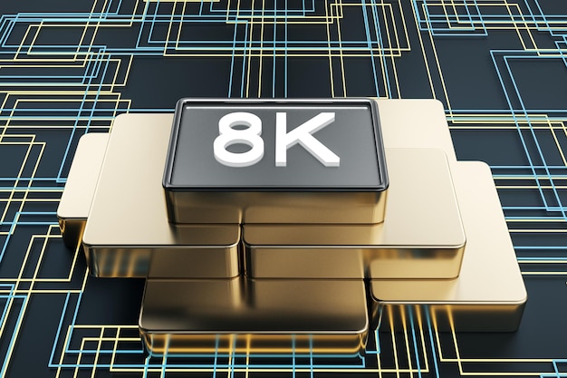 Gouden 8K-chip op tech achtergrond Ultra resolutie concept 3D-Rendering