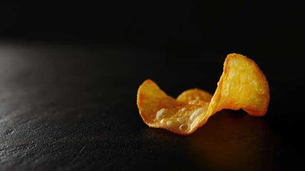 Foto gouden aardappelchips op een donker oppervlak met een zachte gloed