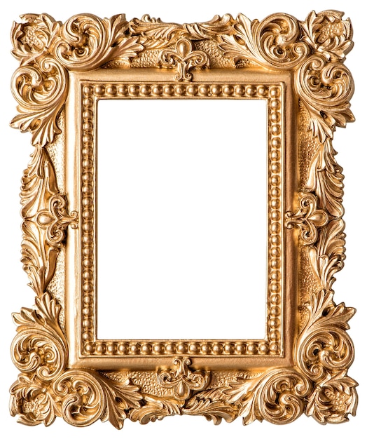 Gouden afbeeldingsframe geïsoleerd op een witte achtergrond. vintage object