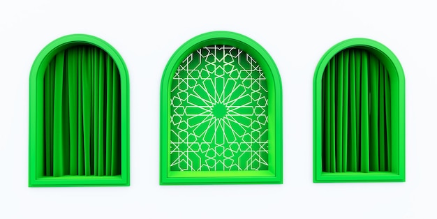 Gouden Arabische ornament op de muur muur met islamitische groene islamitische ramen islamitische vip concept ramadan eid mubarak rode gordijnen