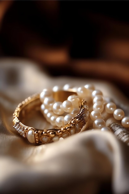 Gouden armbanden en armbanden op een tafel in een slaapkamer