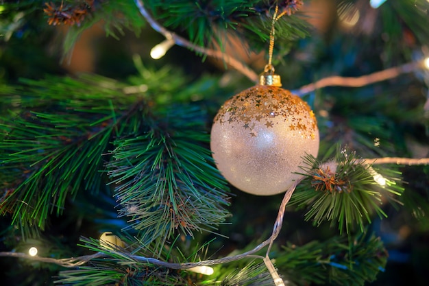 Gouden bal opknoping op een tak van een kerstboom. Kerstboomdecoratie. Voorbereiding op de vakantie, krans