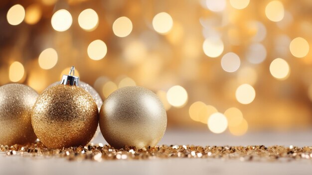 Gouden ballen dichtbij op de kerstboom met fonkelende lichten en een feestelijke vakantie sfeer