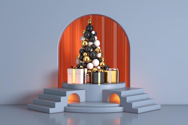 Gouden ballen in de vorm van een kerstboom en geschenkdozen op de blauwe cilinder Promotiestandaard Podium met boogvenster in studiokamer met stappen 3D-rendering