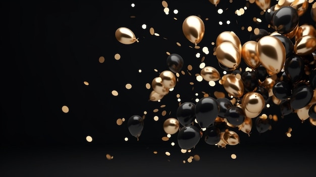 Gouden ballon en folie confetti vallen op zwarte achtergrond