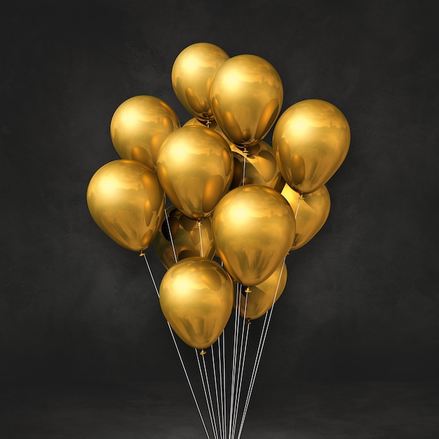 Gouden ballonnen bos op een zwarte muur. 3D illustratie render