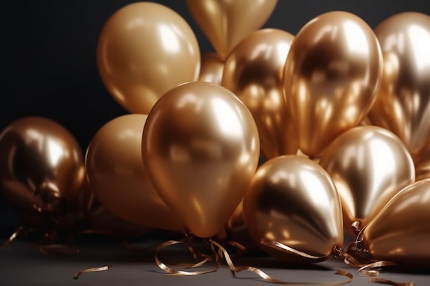 Gouden ballonnen op een stapel met gouden linten eromheen