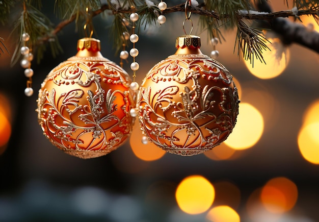 gouden balornamenten op een kerstboom