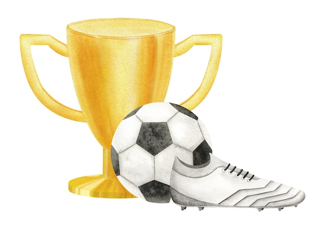 Foto gouden beker met voetbal en voetbalschoenen voetbalwedstrijd kampioen gouden trofee prijsbeker