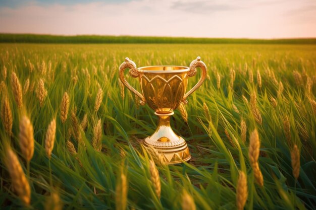 Gouden beker op een grasveld dat de overwinning symboliseert gecreëerd met generatieve ai