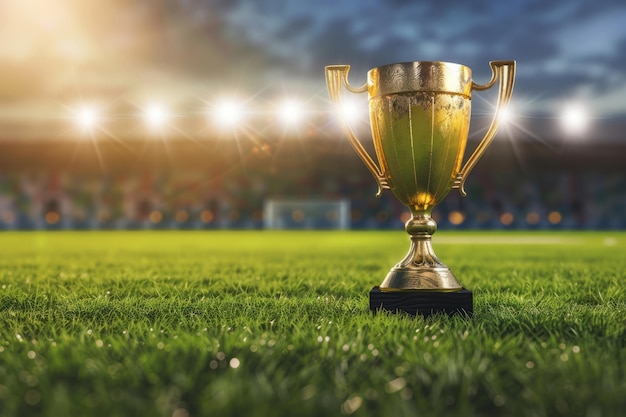 Gouden beker op het veld onder stadionverlichting