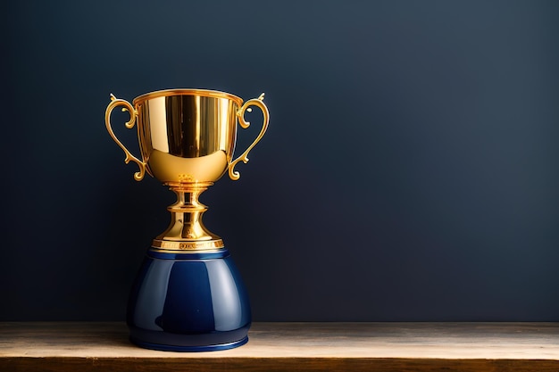 Gouden beker van de winnaar op een donkerblauwe achtergrondprijs voor de eerste plaats in het kampioenschap