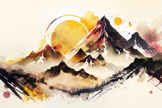 Gouden bergen zonsopgang boven de berg Mooie minimalistische print voor uw decor voor ansichtkaart gefeliciteerd en poster Generative AI