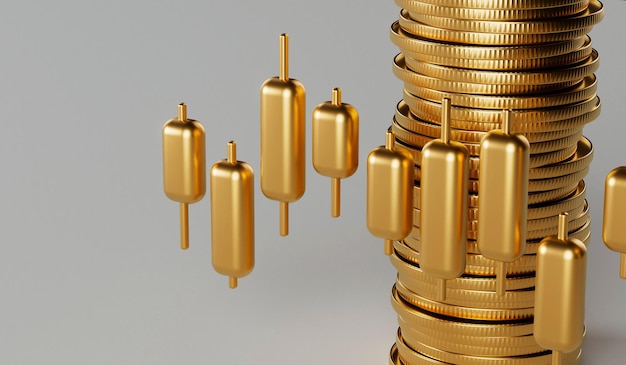 Gouden beurs investeringen trading grafiek met een stapel gouden munten 3D-Rendering