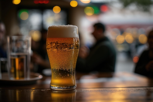 Gouden bier met romig schuim op tafel te midden van bar buzz genererende AI