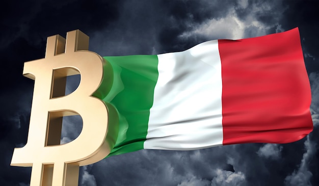 Gouden bitcoin cryptocurrency met een wapperende vlag van italië d rendering