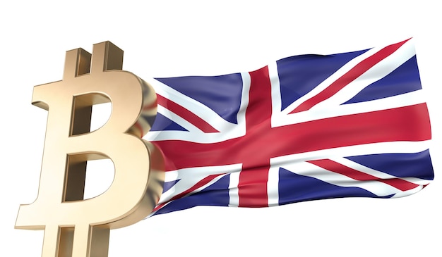 Gouden bitcoin cryptocurrency met een wuivende Britse vlag 3D Rendering