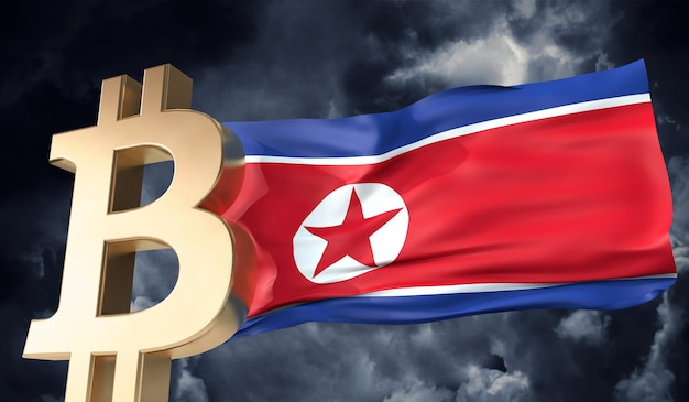 Gouden bitcoin cryptocurrency met een wuivende vlag van Noord-Korea d rendering