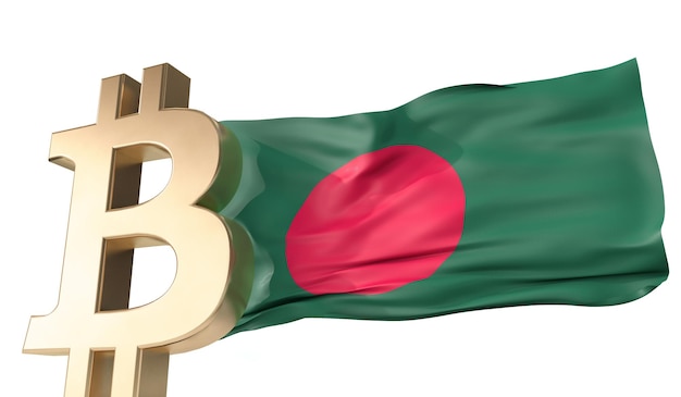 Gouden bitcoin cryptocurrency met een zwaaiende vlag van Bangladesh 3D Rendering