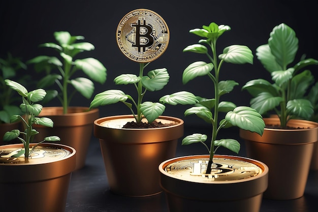 Foto gouden bitcoin groeien op een pot cryptocurrency bitcoin concept