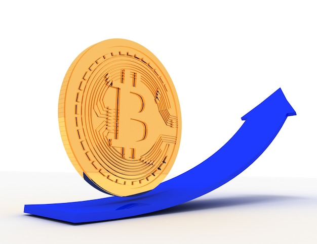 Gouden bitcoin munt op pijl naar boven. 3d-gerenderde afbeelding