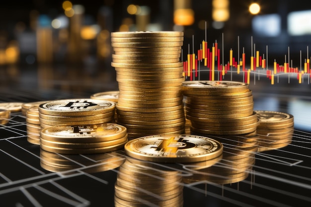 Gouden bitcoin munt schitterend met stijgende groene prijs grafiek die groei en waarde symboliseert
